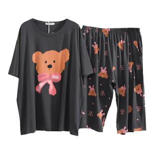大码女款睡衣加肥加大200斤胖mm夏季短袖七分裤纯棉家居服可外穿