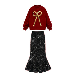 女童套装洋气红色卫衣中大童裙子2026新年亮片鱼尾裙儿童连两件套