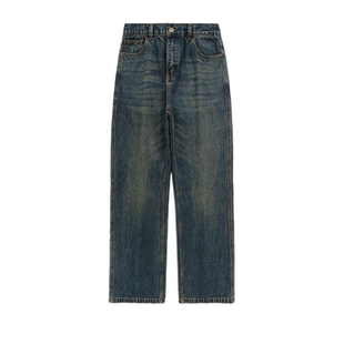 Start美式复古蓝直筒情侣牛仔裤新款高腰显瘦宽松阔腿拖地长裤子