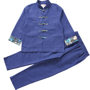 春秋薄款棉麻儿童中山装男童唐装套装中国风小孩汉服新中式童装