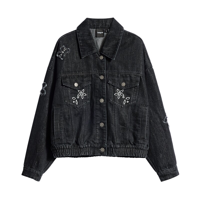 Desigual26秋冬新品银丝细闪刺绣蝴蝶贴花翻领长袖女式牛仔外套