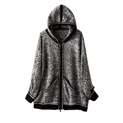 100山羊绒连帽中长款人字纹开衫