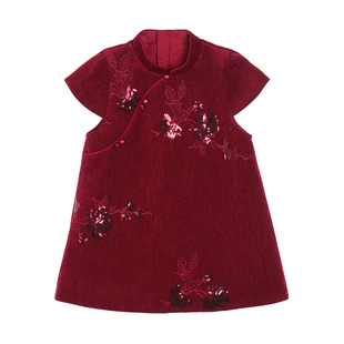 小O宝童装 宝宝新中式刺绣连衣裙女2026新款女童红色喜庆过年衣服