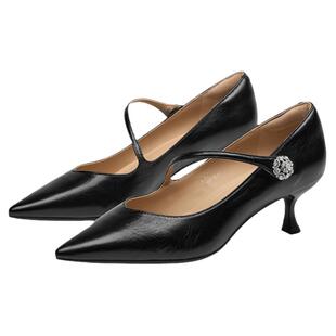KISSCAT接吻猫[花漾高跟玛丽珍]舒适通勤黑色高跟鞋尖头单鞋女