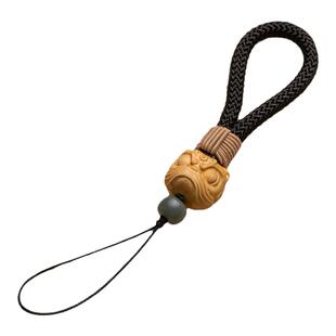 加噜黄杨木精雕醒狮手机挂绳挂饰防滑指环挂绳加粗纯手工编织手机链短款绳子防丢简约精致U盘挂饰钥匙扣挂件