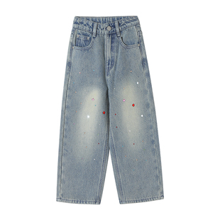 女童牛仔裤秋冬女大童阔腿裤冬天加绒加厚保暖裤子钻设计感直筒裤
