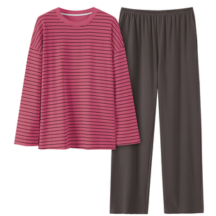 猫人薄绒磨毛女士睡衣带胸垫秋冬季2025新款长袖可外穿条纹家居服