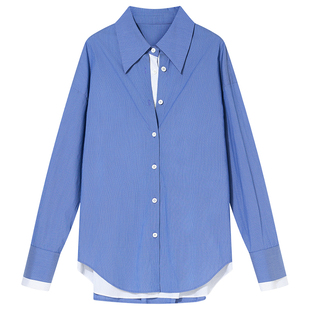 COVERINS蓝色假两件条纹衬衫宽松oversize撞色衬衣CC35330130