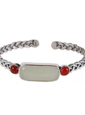 银手镯女镶嵌和田玉925纯银古风南红编织开口绞丝麻花银镯子手环