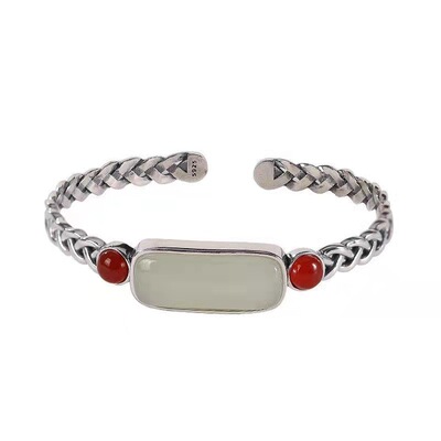 银手镯女镶嵌和田玉925纯银古风南红编织开口绞丝麻花银镯子手环