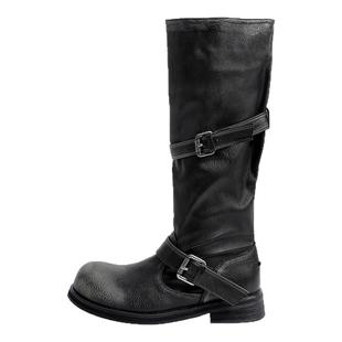 真皮~骄屿复古擦色做旧中筒机车靴粗跟短靴工装皮带扣棕色骑士靴