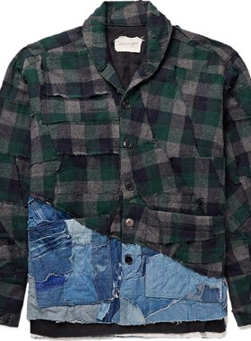 GREG LAUREN 秋冬男牛仔布拼接法兰绒衬衫式外套