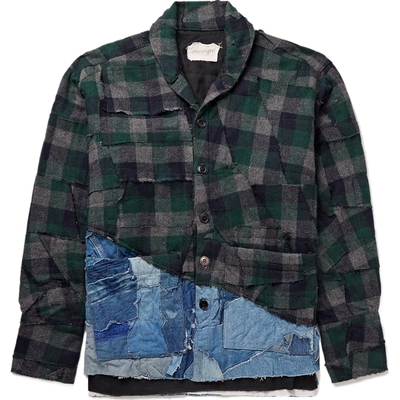 【折扣】GREG LAUREN 男士仿旧牛仔布拼接法兰绒衬衫式外套