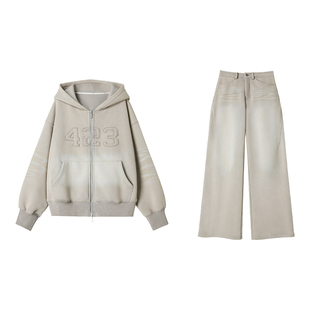 【灰晕压雪】Uena明星同款灰色水洗做旧猫须连帽加绒卫衣卫裤套装