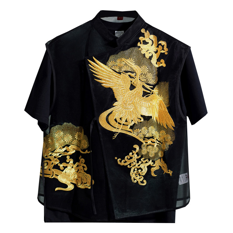 贝勒府＜高端品•金甲套装＞中国风刺绣金鹤马甲T恤男两件套坎肩