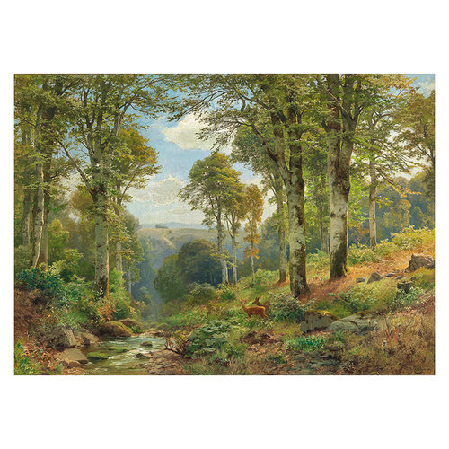 溪边鹿影 Heinrich Bohmer德国森林动物风景油画 玄关客厅装饰画