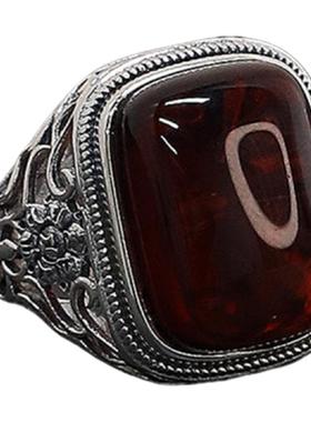 925银琥珀花纹戒指女民族风指环高级感装饰小众设计尾戒女