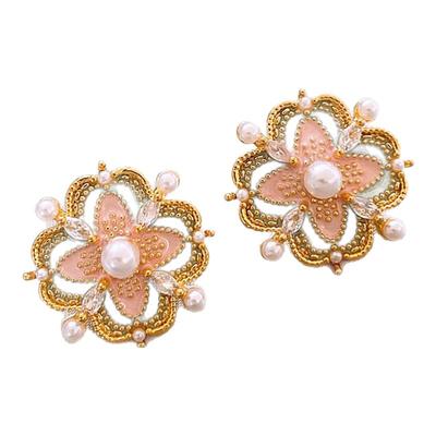 珐琅彩复古花朵耳钉锆石珍珠耳环