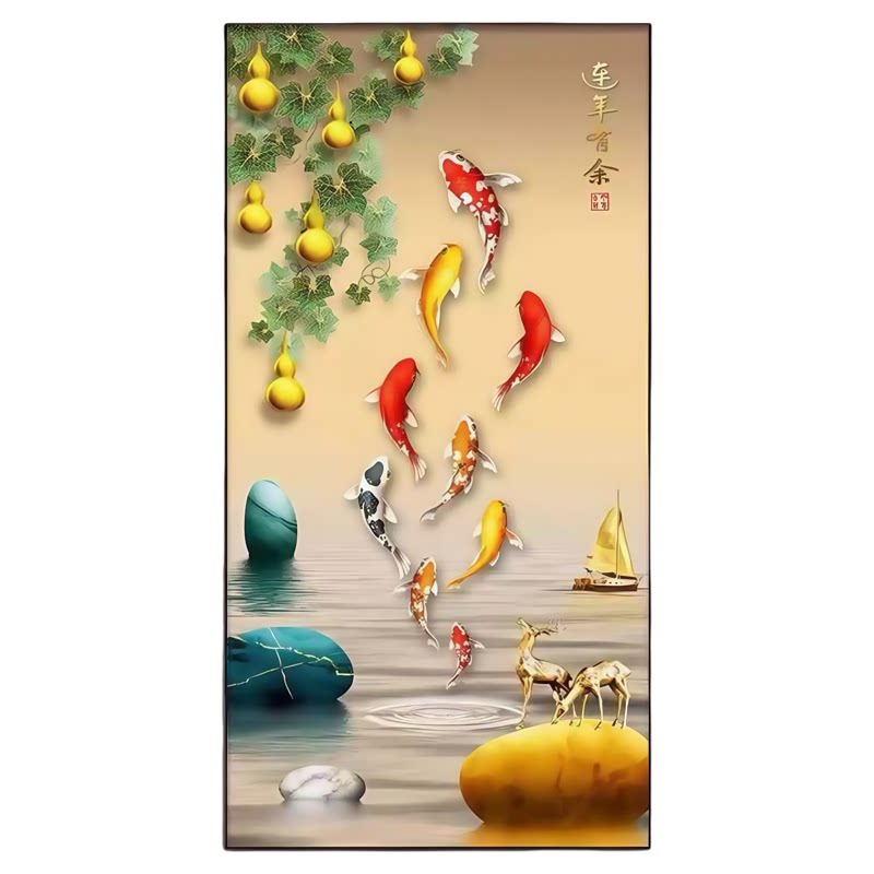 荷花九鱼图新中式高档玄关装饰画