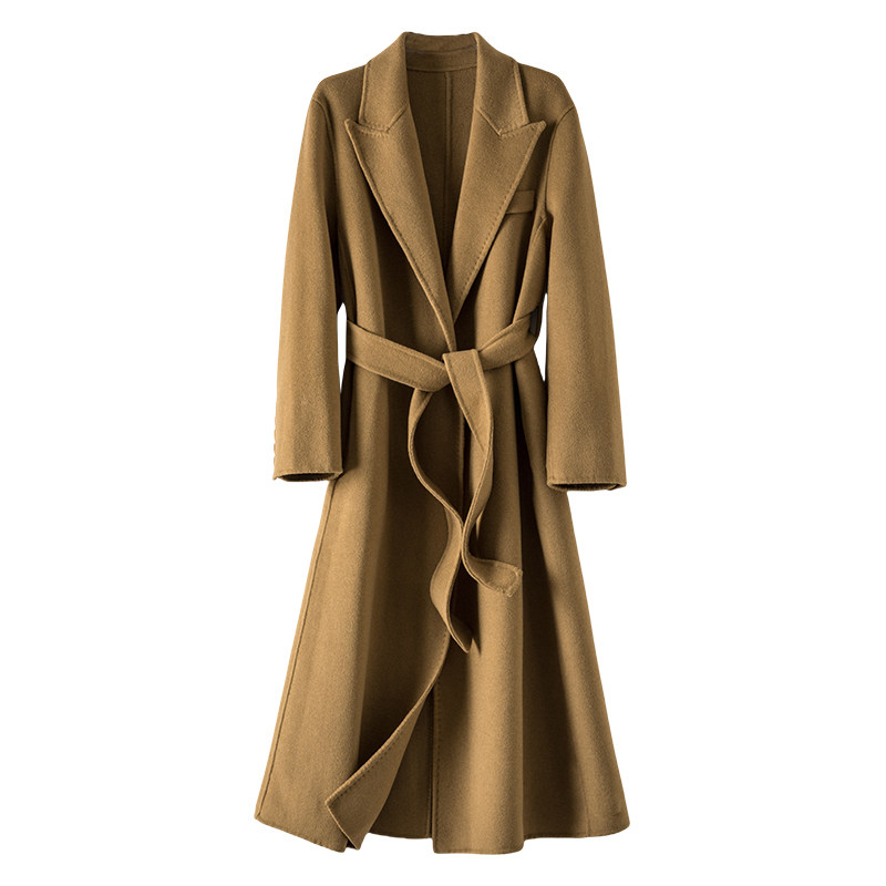 晚白2025年冬新款时尚气质正肩大衣系带收腰外套长款绵羊毛大衣女