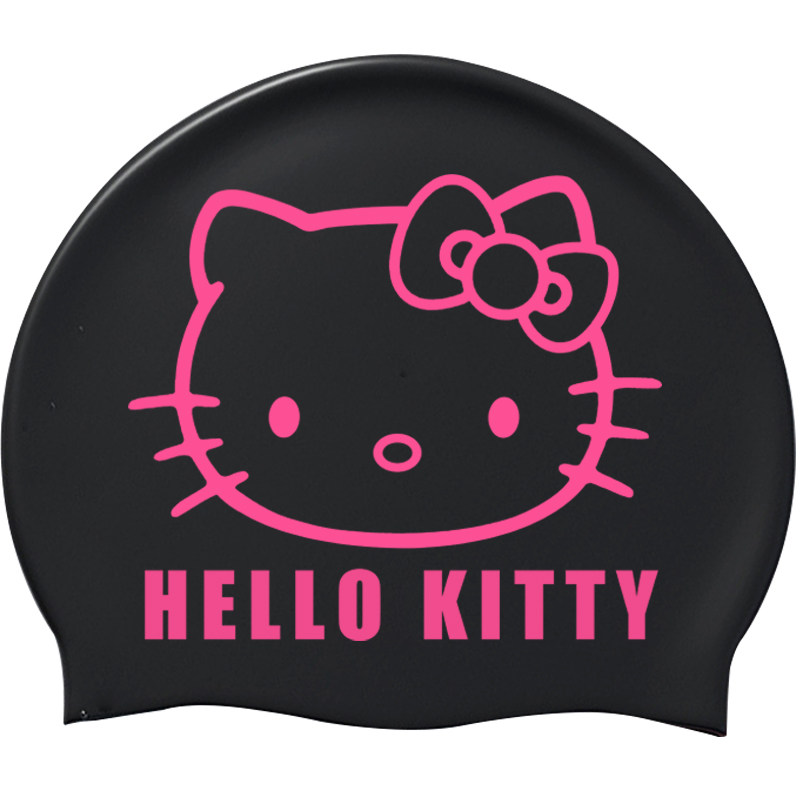 kitty泳帽黑色硅胶防水双面印花加大女款高弹力舒适