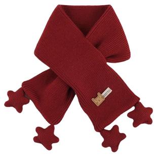 儿童红色猫咪交叉针织围巾男女宝宝秋冬保暖星星装饰毛线围脖冬季