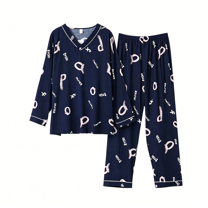 青少年棉绸薄睡衣长袖家居服纯色