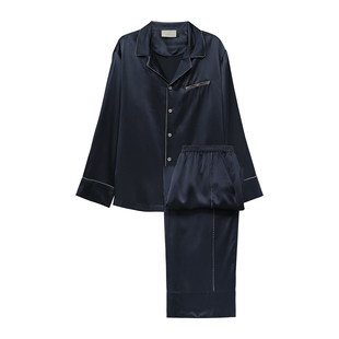 时髦先生』桑罗撞色条纹真丝睡衣套装100%桑蚕丝男士家居服可外穿