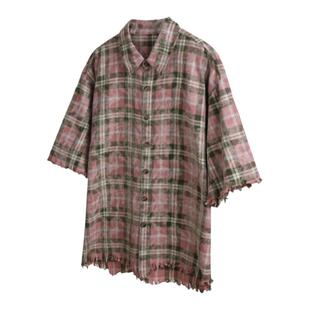 Without Me/REBELTOREBEL 洗褪做旧毛边破坏抽须全棉格纹短袖衬衫