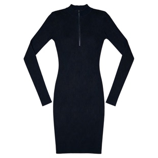 Basic House/百家好黑色半高领连衣裙女2026春季新款高级感中长裙