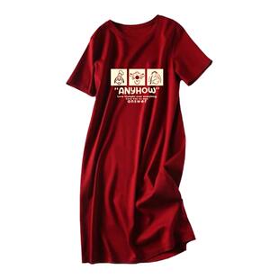 女短袖新款连衣裙2026年圆领显瘦减龄bf过膝中长款百搭t恤裙潮ins