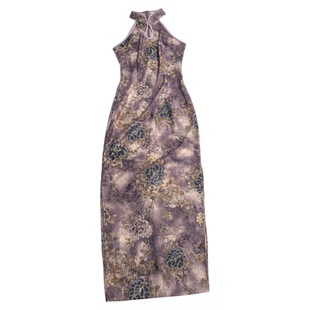 新中式国风连衣裙改良绝美风情挖肩烫金性感春夏新款紫色旗袍紫妃