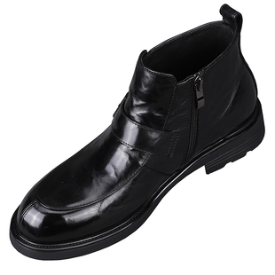 男士棉鞋小圆头休闲皮鞋英伦侧拉链高帮鞋真皮切尔西男皮靴马丁靴