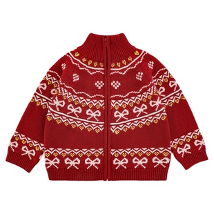 幼悠女童2025新款复古高领保暖毛衣羊毛混纺冬季宽松儿童开衫年服