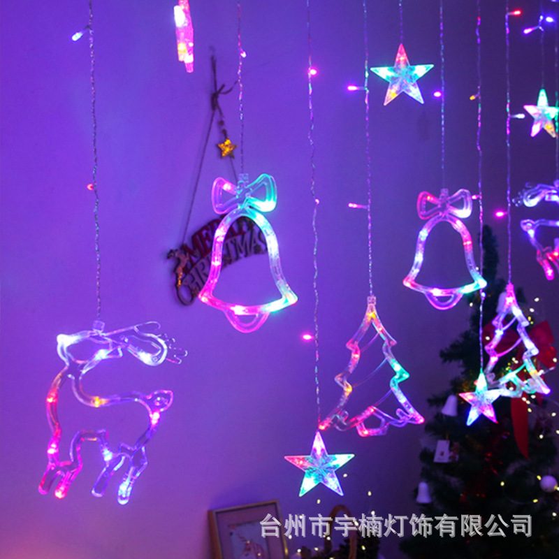 LED圣诞节日窗帘灯 房间装饰彩灯闪灯铃铛麋鹿圣诞树挂件装饰灯串