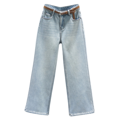 复古浅蓝色高腰直筒微喇牛仔裤女