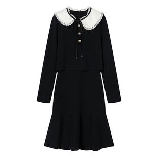 Goodland美地女装羊毛混纺法式娃娃领收腰假两件针织连衣裙短款
