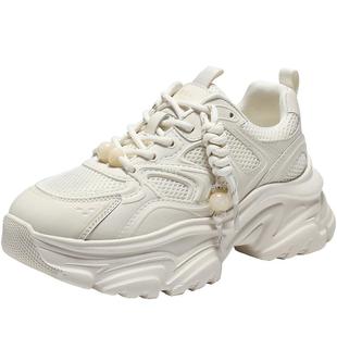 百丽女鞋子白色老爹鞋免系带新款商场款厚底增高休闲鞋E9K1DAM6