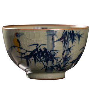 老陶泥主人杯单杯古朴风釉下彩手绘牡丹竹子莲花桂鱼大号开片茶杯