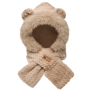 可爱毛绒小熊帽子围巾一体女款新款秋冬季骑车保暖加绒儿童护耳帽
