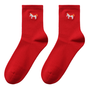 tutuanna秋冬棉质透气中筒袜女本命年红色洗印花刺绣短袜