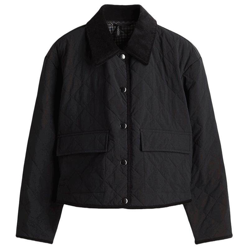 HM女装棉衣冬季灯芯绒绗缝慵懒翻领菱格纹加绒巴恩风棉服1298259