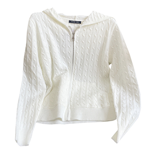 慵懒氛围感白色麻花纹连帽拉链针织开衫女直筒长袖外搭毛衣外套春