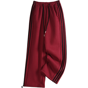 初中生青少年男童三条杠红色裤子男孩直筒加绒加厚卫裤冬款羊羔毛