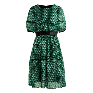 马天奴2026春夏新款绿色印花泡泡袖收腰连衣裙子气质时尚法式复古