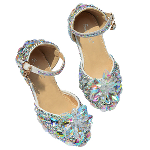 艾莎公主鞋女童高跟鞋闪闪水晶宝宝生日钢琴演出舞台表演礼服鞋子
