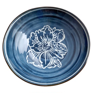 日本进口美浓烧陶瓷釉下彩染付青花古典唐草牡丹植物中钵盘子套装