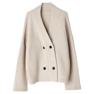 慵懒进阶~巴黎走秀款重磅山羊绒华夫格V领双排扣开衫毛衣女外套特