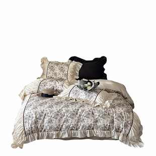 法式复古高级全棉四件套公主风纯棉褶皱荷叶花边被套床单少女床品