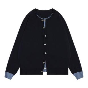 sameuoo散养文化加厚假两件毛衣开衫内搭女秋冬慵懒风针织衫外套